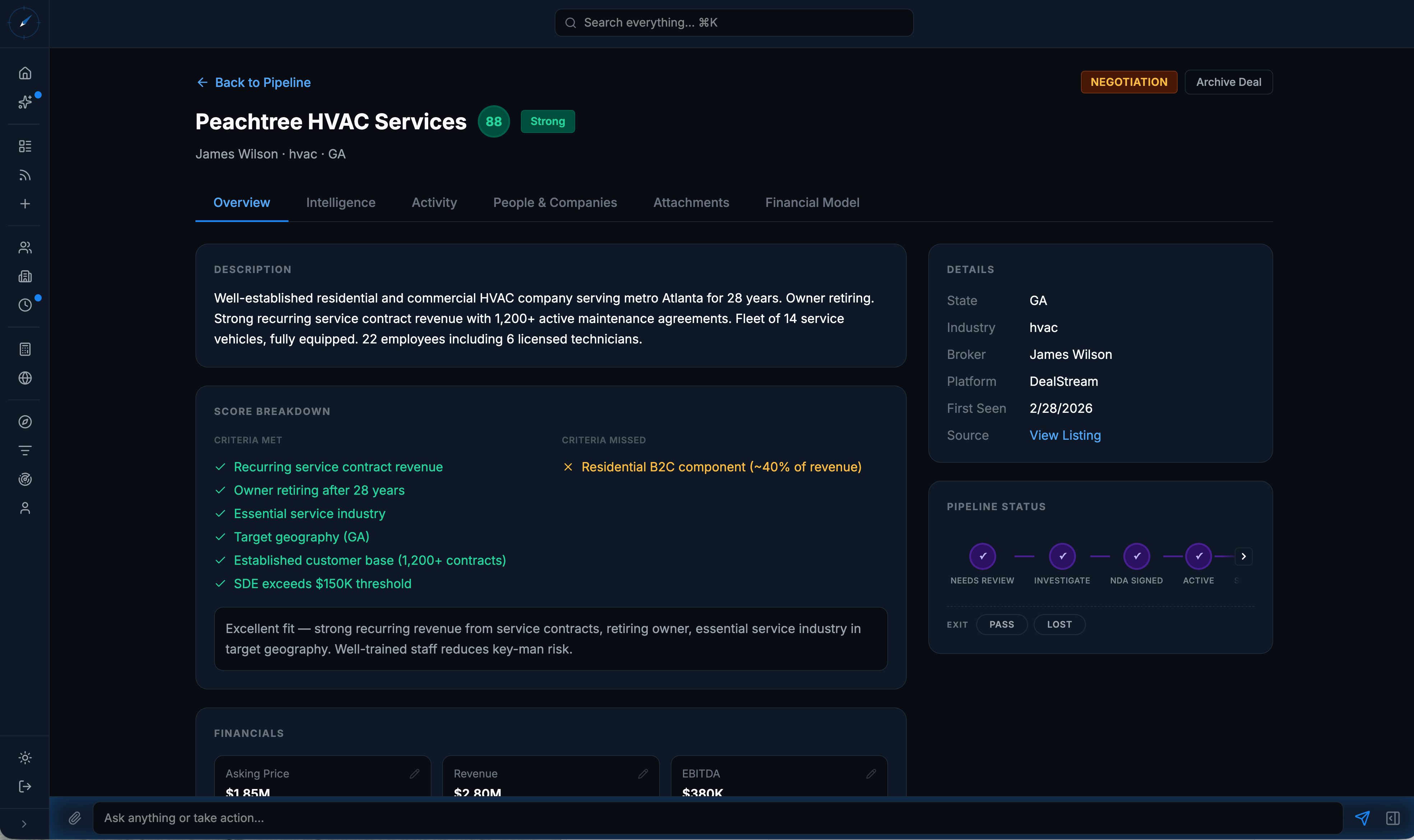 SearchPort Deal Detail — Score Breakdown & Pipeline Status